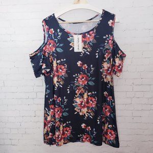Dolnine  Boutique Cold Shoulder Soft Jersey Knit Floral Top Plus Size 18W